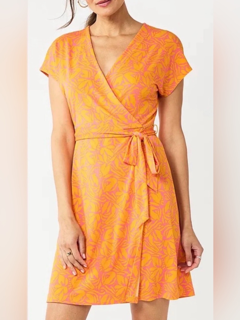 Nine West Orange & Pink Floral Faux Wrap Dress